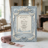 White Rose and Dusty Blue Cream Romance Wedding Kaart