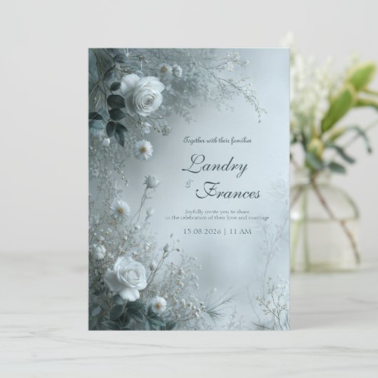 White Rose and Dusty Blue Mist Winter Wedding Kaart (Staand voorkant)
