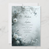 White Rose and Dusty Blue Mist Winter Wedding Kaart (Voorkant)