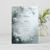 White Rose and Dusty Blue Mist Winter Wedding Kaart (Staand voorkant)