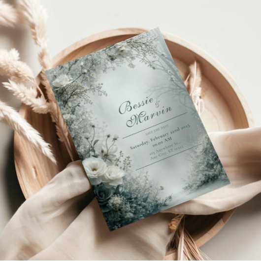 White Rose and Dusty Gray Winter Wedding Kaart
