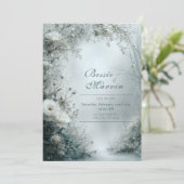 White Rose and Dusty Gray Winter Wedding Kaart (Staand voorkant)