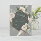 White Rose and Gold Forest Green Wedding Kaart (Staand voorkant)