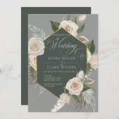 White Rose and Gold Forest Green Wedding Kaart (Voorkant / Achterkant)