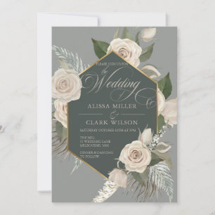White Rose and Gold Forest Green Wedding Kaart