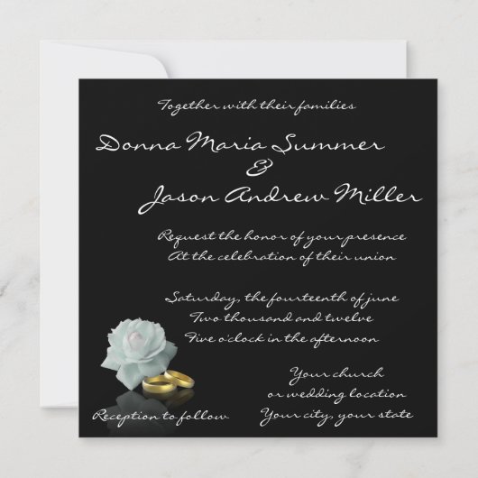White Rose and Golden Rings - Wedding Invitation Kaart (Achterkant)