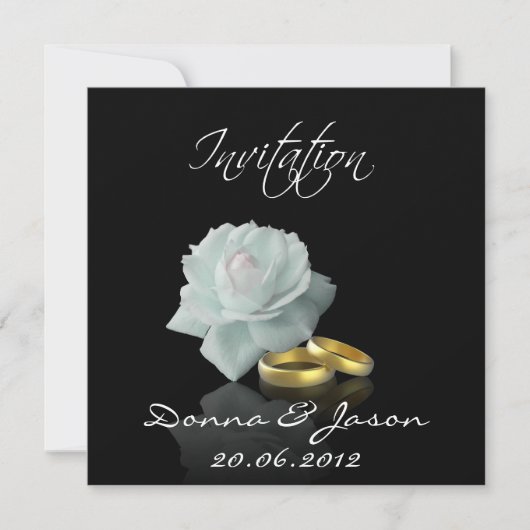White Rose and Golden Rings - Wedding Invitation Kaart (Voorkant)