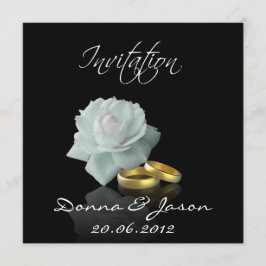 White Rose and Golden Rings - Wedding Invitation Kaart