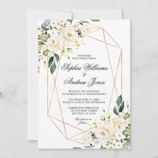 White Rose and Greenery Wedding Kaart (Voorkant)