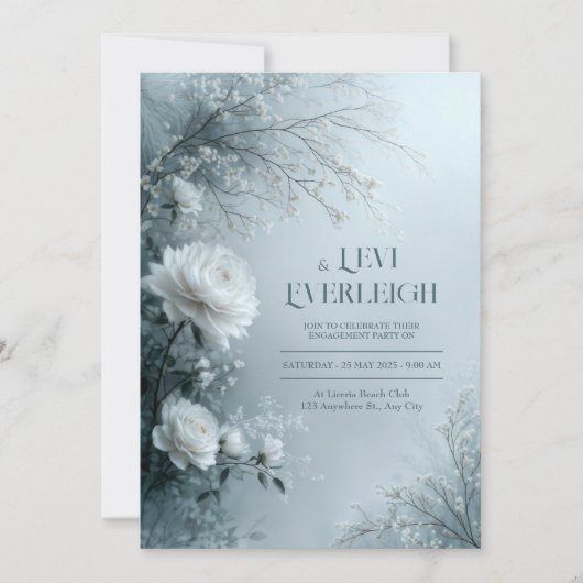 White Rose and Icy Blue Mist Winter Wedding Kaart (Voorkant)