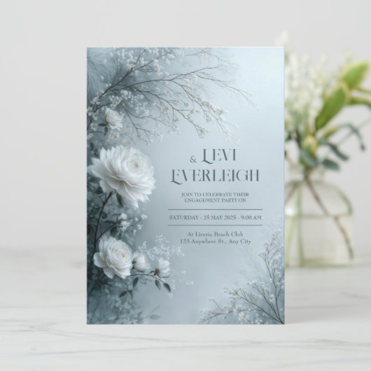 White Rose and Icy Blue Mist Winter Wedding Kaart (Staand voorkant)