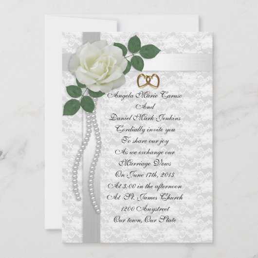 White rose and lace bruiloft Invitation Kaart (Voorkant)