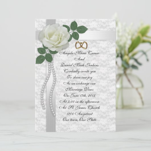 White rose and lace bruiloft Invitation Kaart (Staand voorkant)
