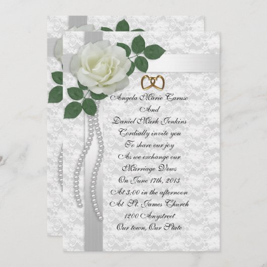White rose and lace bruiloft Invitation Kaart (Voorkant / Achterkant)