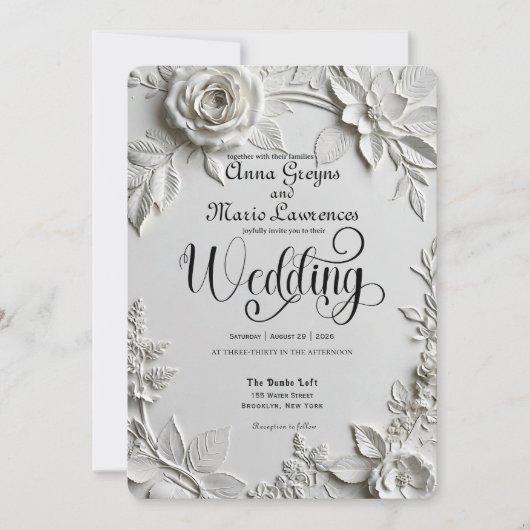 White Rose Bas Relief Faux Embossed Wedding  Kaart (Voorkant)