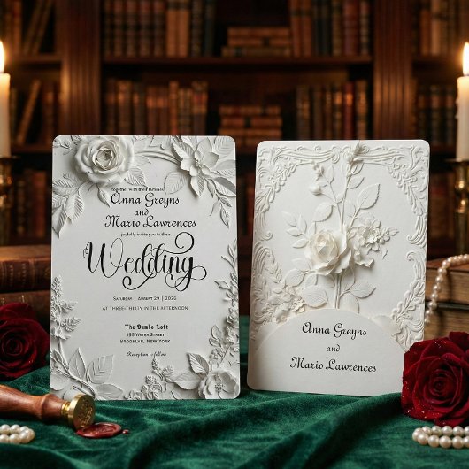 White Rose Bas Relief Faux Embossed Wedding  Kaart