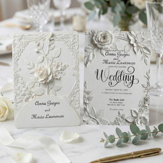 White Rose Bas Relief Faux Embossed Wedding  Kaart
