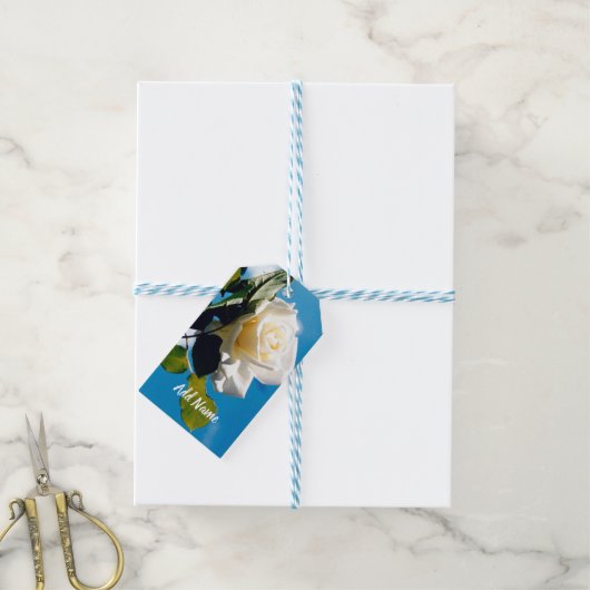 White Rose Beauty under Blue Sky Cadeaulabel (Met Touw)
