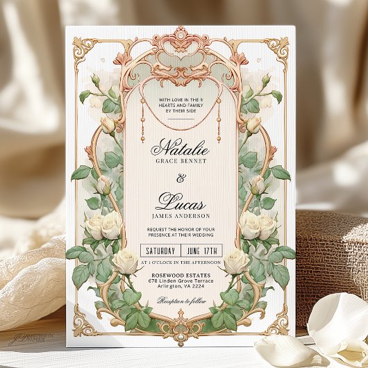 White Rose Bloemen Vintage Huwelijksuitnodiging Kaart