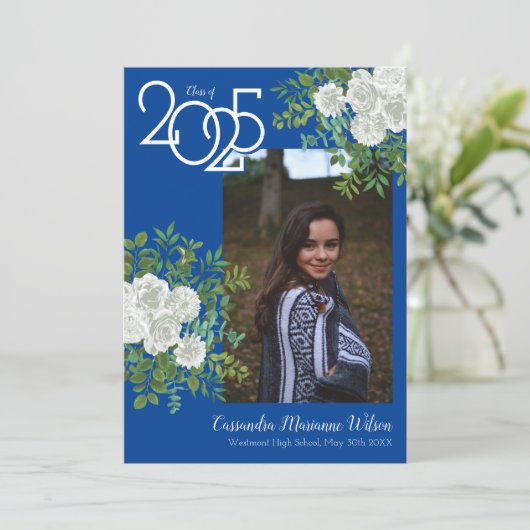 White Rose Blue Photo Afstuderen Aankondiging (Staand voorkant)