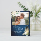 White Rose Blue Wood PHOTO Weddenschap Save the Da Briefkaart (Staand voorkant)