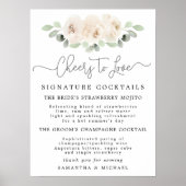 White Rose Botanical Cocktails Weddenschap Bar Poster (Voorkant)