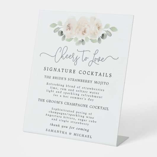 White Rose Botanical Cocktails Weddenschap Bar Reclamebord Met Voetstuk (Voorkant)