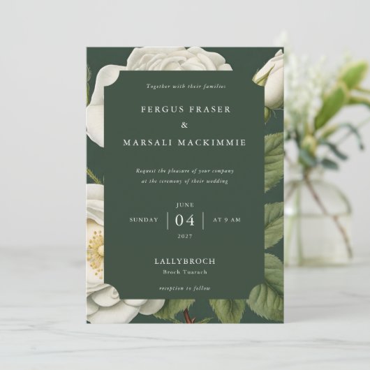 White Rose Botanical Pattern Invitation Kaart (Staand voorkant)