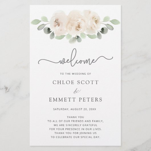 White Rose Botanical Wedding Ceremony Programme (Voorkant)