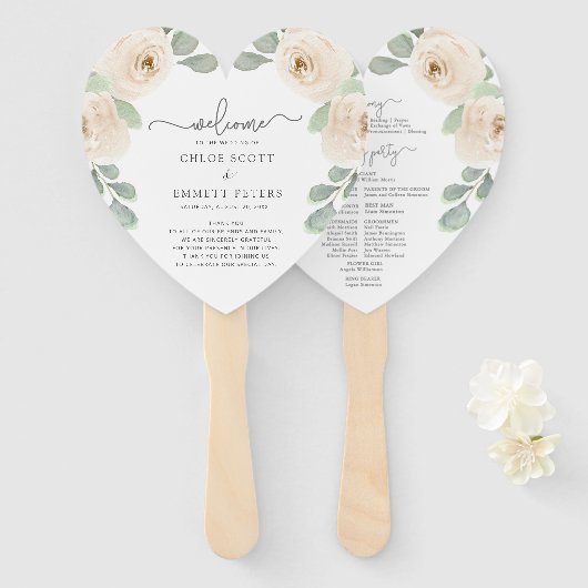 White Rose Botanical Wedding Programme Handwaaier (Voorkant en achterkant)