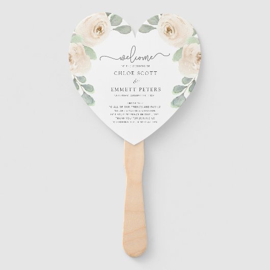 White Rose Botanical Wedding Programme Handwaaier (Voorkant)