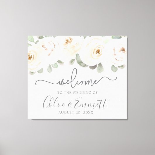 White Rose Botanical Wedding Welcome Sign Canvas Afdruk (Voorkant)