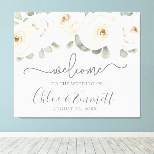 White Rose Botanical Wedding Welcome Sign Canvas Afdruk (Insitu (Houten vloer))