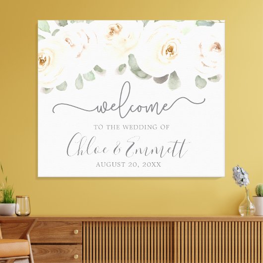 White Rose Botanical Wedding Welcome Sign Canvas Afdruk (Insitu (Woonkamer))