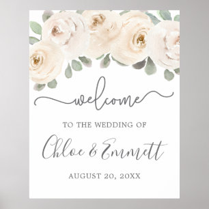 White Rose Botanical Wedding Welcome Sign Poster