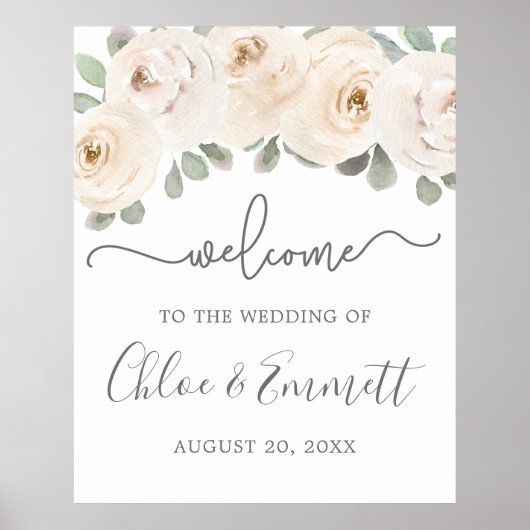 White Rose Botanical Wedding Welcome Sign Poster (Voorkant)