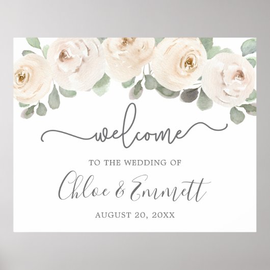 White Rose Botanical Wedding Welcome Sign Poster (Voorkant)