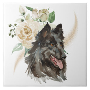 White Rose Bouquet Belgium Tervuren Dog Tegeltje