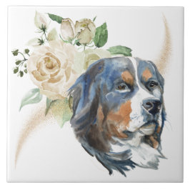 White Rose Bouquet Bernese Mountain Dog Tegeltje