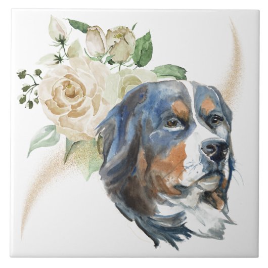 White Rose Bouquet Bernese Mountain Dog Tegeltje (Voorkant)