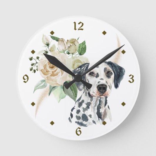 White Rose Bouquet Dalmatian Dog Ronde Klok (Voorkant)