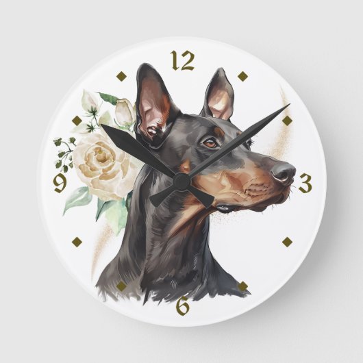 White Rose Bouquet Doberman Pinscher Dog Ronde Klok (Voorkant)