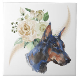 White Rose Bouquet Doberman Pinscher Dog Tegeltje