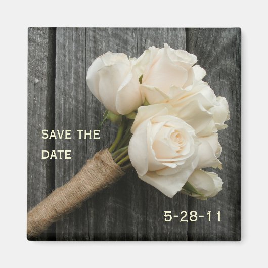 White Rose Bouquet en Barnwood Save The Date Magneet (Voorkant)