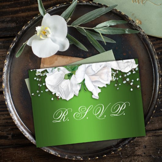 White Rose Bouquet en Metallic Green Wedding RSVP
