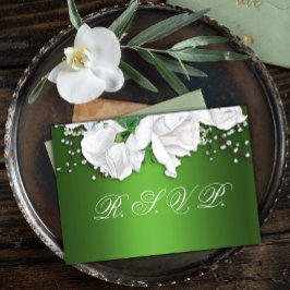 White Rose Bouquet en Metallic Green Wedding RSVP Kaartje