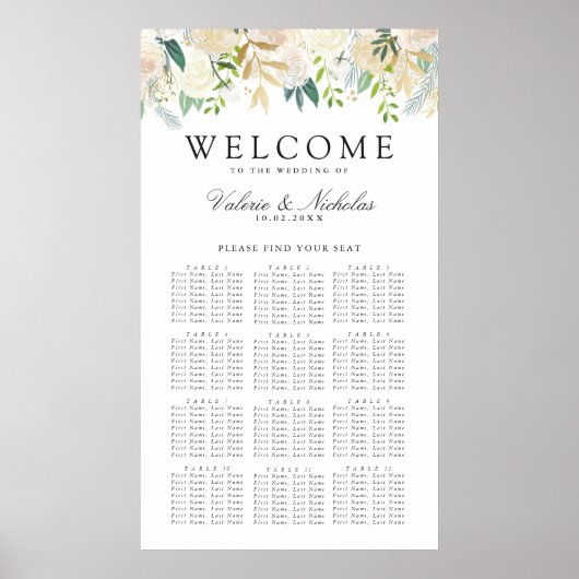White Rose Bouquet | Floral 12 Tabel Zetel Poster (Voorkant)