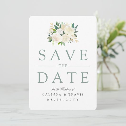 White Rose Bouquet | Floral | Datum opslaan Save The Date (Staand voorkant)