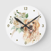 White Rose Bouquet Golden Retriever Dog Ronde Klok (Voorkant)