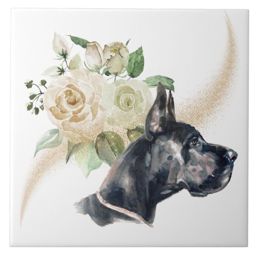 White Rose Bouquet Great Dane Dog Tegeltje (Voorkant)